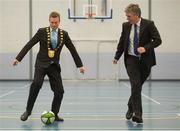 25 September 2012; The FAI launched the Project Futsal course at Corduff Sports Centre today. The joint initiative between the FAI and the Welsh Football Trust will be attended by 22 students over 1 term, they will receive a VETAC Level 5 qualification on completion of the course. At the launch is FAI Chief executive John Delaney, right, and Mayor of Fingal Cllr. Cian O'Callaghan with Project Futsal Course participants. Corduff Sports Centre, Dublin. Picture credit: Brian Lawless / SPORTSFILE