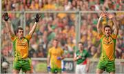 23 September 2012; Paddy McGrath, left, and David Walsh, Donegal, defend a Mayo free kick. GAA Football All-Ireland Senior Championship Final, Donegal v Mayo, Croke Park, Dublin. Picture credit: Brendan Moran / SPORTSFILE