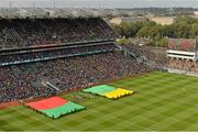 23 September 2012; Large flags in the Mayo and Donegal colours out on the pitch as they await the arrival of the teams. GAA Football All-Ireland Senior Championship Final, Donegal v Mayo, Croke Park, Dublin. Picture credit: Brendan Moran / SPORTSFILE