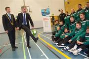 25 September 2012; The FAI launched the Project Futsal course at Corduff Sports Centre today. The joint initiative between the FAI and the Welsh Football Trust will be attended by 22 students over 1 term, they will receive a VETAC Level 5 qualification on completion of the course. At the launch is FAI Chief executive John Delaney and Mayor of Fingal Cllr. Cian O'Callaghan, left, with Project Futsal Course participants. Corduff Sports Centre, Dublin. Picture credit: Brian Lawless / SPORTSFILE