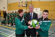 25 September 2012; The FAI launched the Project Futsal course at Corduff Sports Centre today. The joint initiative between the FAI and the Welsh Football Trust will be attended by 22 students over 1 term, they will receive a VETAC Level 5 qualification on completion of the course. At the launch is FAI Chief executive John Delaney with Project Futsal Course participants Veronica McKevitt, from Coolock, Dublin, and Jamie McCormack, from Drogheda, Co. Louth. Corduff Sports Centre, Dublin. Picture credit: Brian Lawless / SPORTSFILE