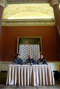 25 September 2012; Ireland head coach Declan Kidney, centre, with forwards coach Gert Small, left, and assistant coach Les Kiss, right, at a press conference during a squad training camp. Carton House, Maynooth, Co. Kildare. Picture credit: Pat Murphy / SPORTSFILE