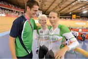 2 September 2012; Ireland's Catherine Walsh, from Swords, Dublin, and pilot Francine Meehan, from Killurin, Co. Offaly, right, celebrate with coach Brian Nugent, after the women's individual B pursuit final. London 2012 Paralympic Games, Cycling, Velodrome, Olympic Park, Stratford, London, England. Picture credit: Brian Lawless / SPORTSFILE