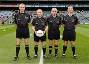23 September 2012; Referee Barry Cassidy, 2nd from left, with his linesmen Fergal Kelly, left, and Martin Higgins, and sideline official Jerome Henry, right, before the game. Electric Ireland GAA Football All-Ireland Minor Championship Final, Dublin v Meath, Croke Park, Dublin. Photo by Sportsfile