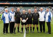 23 September 2012; Referee Barry Cassidy, 2nd from left, with his linesmen Fergal Kelly, left, and Martin Higgins, and sideline official Jerome Henry, right, and umpires, before the game. Electric Ireland GAA Football All-Ireland Minor Championship Final, Dublin v Meath, Croke Park, Dublin. Photo by Sportsfile