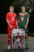 26 September 2012; To celebrate the launch of FIFA 13, EA SPORTS™, for the first time ever, have introduced a special League of Ireland version of the FIFA 13 cover. In attendance at the announcement are Sligo Rovers' Mark Quigley, left, and Cork City's Davin O'Neill who join Barcelona's Lionel Messi on the cover of the EA SPORTS™ FIFA 13 videogame, which Irish football fans can download for free when the game launches on Friday September 28th. Herbert Park Hotel, Ballsbridge, Dublin. Picture credit: David Maher / SPORTSFILE
