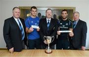 26 September 2012; At the Leinster Rugby Schools Senior and Junior Development Cup Draws are, from left, Stuart Bayley, Honorary Secretary, Rhys Ruddock, Ben Gormley, President of Leinster Rugby, David Kearney, and Larry Halpin, Secretary, Leinster Schools. Leinster Rugby, UCD, Belfield, Dublin. Picture credit: Brian Lawless / SPORTSFILE