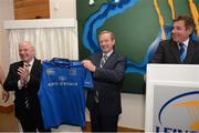26 September 2012; In attendance at the official opening of the new offices of Leinster Rugby are An Taoiseach Enda Kenny T.D, who was presented with a Leinster jersey, and Minister of State for Tourism & Sport Michael Ring T.D, left, and Michael Dawson, Chief Executive, Leinster Rugby, right. Leinster Rugby, UCD, Belfield, Dublin. Picture credit: Matt Browne / SPORTSFILE