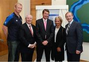 26 September 2012; In attendance at the official opening of the new offices of Leinster Rugby are, from left to right, Leinster captain Leo Cullen, Minister of State for Tourism & Sport Michael Ring T.D, David and Cathy Shubotham with An Taoiseach Enda Kenny T.D. Leinster Rugby, UCD, Belfield, Dublin. Picture credit: Matt Browne / SPORTSFILE