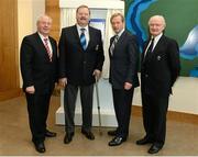 26 September 2012; In attendance at the official opening of the new offices of Leinster Rugby are, from left to right, Minister of State for Tourism & Sport Michael Ring T.D., President of Leinster Rugby Ben Gormley, An Taoiseach Enda Kenny T.D. and IRFU President Billy Glynn. Leinster Rugby, UCD, Belfield, Dublin. Picture credit: Matt Browne / SPORTSFILE