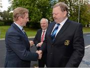 26 September 2012; An Taoiseach Enda Kenny T.D. is greeted by the President of Leinster Rugby Ben Gormley on his arrival to the new offices of  Leinster Rugby at UCD, Belfield, Dublin. Picture credit: Matt Browne / SPORTSFILE
