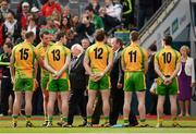 23 September 2012; Michael D. Higgins, President of Ireland, and Uachtarán Chumann Lúthchleas Gael Liam Ó Néil, hidden, meet the Donegal players before the game. GAA Football All-Ireland Senior Championship Final, Donegal v Mayo, Croke Park, Dublin. Picture credit: Ray McManus / SPORTSFILE