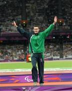 3 September 2012; Ireland's Michael McKillop, from Newtownabbey, Co. Antrim, makes his way onto the podium to receive his Gold medal from his mother Catherine after he won the men's 1500m - T37 final in a time of 4.08:11. London 2012 Paralympic Games, Athletics, Olympic Stadium, Olympic Park, Stratford, London, England. Picture credit: Brian Lawless / SPORTSFILE