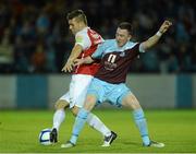 28 September 2012; James Chambers, St Patrick's Athletic, in action against Sean Brennan, Drogheda United. Airtricity League Premier Division, Drogheda United v St Patrick's Athletic, Hunky Dory Park, Drogheda, Co. Louth. Photo by Sportsfile