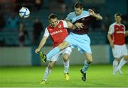 28 September 2012; Christy Fagan, St Patrick's Athletic, in action against Alan McNally, Drogheda United. Airtricity League Premier Division, Drogheda United v St Patrick's Athletic, Hunky Dory Park, Drogheda, Co. Louth. Photo by Sportsfile