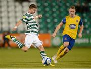28 September 2012; Ronan Finn, Shamrock Rovers, shoots to score his side's first goal. Airtricity League Premier Division, Shamrock Rovers v Dundalk, Tallaght Stadium, Tallaght, Co. Dublin. Picture credit: David Maher / SPORTSFILE