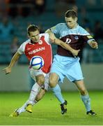 28 September 2012; Christy Fagan, St Patrick's Athletic, in action against Alan McNally, Drogheda United. Airtricity League Premier Division, Drogheda United v St Patrick's Athletic, Hunky Dory Park, Drogheda, Co. Louth. Photo by Sportsfile