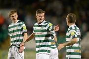 28 September 2012; Ronan Finn, centre, Shamrock Rovers, celebrates after scoring his side's first goal with team-mate's Sean Gannon, left, and Gary McCabe. Airtricity League Premier Division, Shamrock Rovers v Dundalk, Tallaght Stadium, Tallaght, Co. Dublin. Picture credit: David Maher / SPORTSFILE