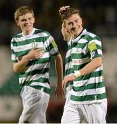 28 September 2012; Ronan Finn, right, Shamrock Rovers, celebrates after scoirng his sides first goal with team-mate Sean Gannon. Airtricity League Premier Division, Shamrock Rovers v Dundalk, Tallaght Stadium, Tallaght, Co. Dublin. Picture credit: David Maher / SPORTSFILE