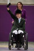 4 September 2012; Ireland's Helen Kearney, from Dunlaven, Co. Wicklow, celebrates after winning a bronze medal in the dressage individual freestyle test - Grade Ia. London 2012 Paralympic Games, Equestrian, Greenwich Park, Greenwich, London, England. Picture credit: Brian Lawless / SPORTSFILE