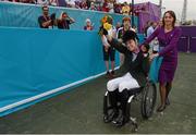 4 September 2012; Ireland's Helen Kearney, from Dunlaven, Co. Wicklow, celebrates after winning a bronze medal in the dressage individual freestyle test - Grade Ia. London 2012 Paralympic Games, Equestrian, Greenwich Park, Greenwich, London, England. Picture credit: Brian Lawless / SPORTSFILE