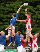 29 September 2012; David Foley, UL Bohemians, wins possession for his side in the lineout ahead of Kevin Croke, St Mary's College. Ulster Bank League Division 1A, St Mary's College v UL Bohemian, Templeville Road, Dublin. Picture credit: Pat Murphy / SPORTSFILE