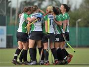 29 September 2012; The Ireland team celebrate after Chloe Watkins, hidden, scored her side's first goal of the game against South Africa. Women’s Electric Ireland Hockey Champions Challenge 1, Pool B, Ireland v South Africa, National Hockey Stadium, UCD, Belfield, Dublin. Picture credit: Pat Murphy / SPORTSFILE