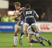 28 September 2012; Andrew Trimble, Ulster, is tackled by Jamie Roberts and Dafydd Hewitt, Cardiff Blues. Celtic League 2012/13, Round 5, Cardiff Blues v Ulster, Arms Park, Cardiff, Wales. Picture credit: Steve Pope / SPORTSFILE