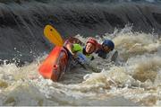 29 September 2012; Gerard Dornan and John McGovern, in action on the Straffan Weir, in the Vets K2 class, during the 2012 Liffey Descent. River Liffey, Straffan, Co. Kildare. Picture credit: Barry Cregg / SPORTSFILE