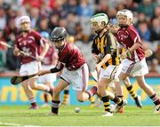 30 September 2012; Ciara Ni Riagain, representing Kilkenny, in action against Karin Blair, Rockwell Rovers, Tipperary, representing Galway, during the INTO/RESPECT Exhibition GoGames at the GAA Hurling All-Ireland Senior Championship Final Replay between Kilkenny and Galway. Croke Park, Dublin. Picture credit: Pat Murphy / SPORTSFILE