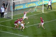 30 September 2012; TJ Reid, Kilkenny, has his shot saved by Galway goalkeeper Fergal Flannery, which subsequently fell to Walter Walsh, who scored his side's second goal. GAA Hurling All-Ireland Senior Championship Final Replay, Kilkenny v Galway, Croke Park, Dublin. Picture credit: Daire Brennan / SPORTSFILE