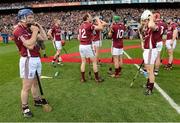 30 September 2012; Damien Hayes, left, and Andrew Smith, Galway, put on their helmets before the start of the game. GAA Hurling All-Ireland Senior Championship Final Replay, Kilkenny v Galway, Croke Park, Dublin. Picture credit: David Maher / SPORTSFILE
