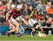 30 September 2012; Ciara Gleeson, Silvermines, Tipperary, representing Kilkenny, in action against Rachel Sawyer, Naomh Brid, Carlow, representing Galway, during the INTO/RESPECT Exhibition GoGames at the GAA Hurling All-Ireland Senior Championship Final Replay between Kilkenny and Galway. Croke Park, Dublin. Photo by Sportsfile
