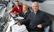 30 September 2012; RTE's Con Murphy, right, with his Radio 1 Sunday Sport colleagues Jacqui Hurley and Pauric Lodge, on the occasion of his last day working for RTE. GAA Hurling All-Ireland Senior Championship Final Replay, Kilkenny v Galway, Croke Park, Dublin. Picture credit: Brendan Moran / SPORTSFILE