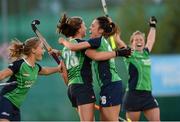 2 October 2012; Niamh Atcheler, Ireland, 23, celebrates after scoring her side's first goal with team-mates Anna O'Flanagan and Chloe Watkins, left. Women’s Electric Ireland Hockey Champions, Challenge 1, Pool B, Ireland v USA, National Hockey Stadium, UCD, Belfield, Dublin. Photo by Sportsfile