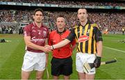 30 September 2012; Referee James McGrath with Galway captain Fergal Moore and Kilkenny captain Eoin Larkin ahead of the game. GAA Hurling All-Ireland Senior Championship Final Replay, Kilkenny v Galway, Croke Park, Dublin. Picture credit: Ray McManus / SPORTSFILE
