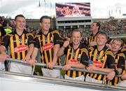 30 September 2012; Kilkenny players, from left, Cillian Buckley, Walter Walsh, Tommy Walsh, Aidan Fogarty and JJ Delaney await to collect the cup following their victory. GAA Hurling All-Ireland Senior Championship Final Replay, Kilkenny v Galway, Croke Park, Dublin. Picture credit: Ray McManus / SPORTSFILE