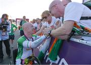 5 September 2012; Ireland's Mark Rohan, from Ballinahown, Co. Westmeath, celebrates his gold medal with his mother Carmel and his brother Robert after victory in the men's individual H 1 time trial. London 2012 Paralympic Games, Cycling, Brands Hatch, Kent, England. Picture credit: Brian Lawless / SPORTSFILE