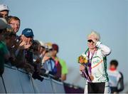5 September 2012; Ireland's Catherine Walsh, from Swords, Dublin, celebrates with her bronze medal after finishing third in the women's individual B time trial. London 2012 Paralympic Games, Cycling, Brands Hatch, Kent, England. Picture credit: Brian Lawless / SPORTSFILE