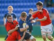3 October 2012; Daniel Buckley, Leinster, is tackled by, from left, James Reeves, Padraig Keating and Joel O'Dwyer, Munster. A Schools Interprovincial, Leinster v Munster, Donnybrook Stadium, Donnybrook, Dublin. Picture credit: Brian Lawless / SPORTSFILE