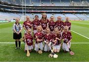 30 September 2012; Representing Galway in the INTO/RESPECT Exhibition GoGames at the GAA Hurling All-Ireland Senior Championship Final between Kilkenny and Galway are, back row, left to right, referee Emma Loftus, Trinity Gaels, Co. Dublin, Ciara Gleeson, Silvermines, Co. Tipperary, Ciara Gardiner, Davitts, Co. Galway, Ciara Brennan, St. Killians, Co. Offaly, Áine Hahassey, Ballyneale Grangemockler, Co. Tipperary, Karin Blair, Rockwell Rovers, Co. Tipperary, front row, from left, Fíona Ní Cheallaigh, Salthill Knocknacarra, Co. Galway, Gráinne Ní Lachtnáin, Ballinasloe, Co. Galway, Hannah Clarke, Whitehall Colmcille, Co. Dublin, Ailbhe McKiernan, St. Brigid's, Co. Dublin. Croke Park, Dublin. Picture credit: Daire Brennan / SPORTSFILE