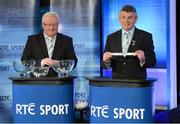 4 October 2012; Martin Skelly, right, Chairman of the Leinster Council, in the company of Michael Delaney, Secetary of the Leinster Council, pulls out the name of All-Ireland Champions Kilkenny while making the draw for the GAA Leinster Senior Hurling Championship  during the draw for the 2013 GAA Senior Football and Hurling Championships. 2013 GAA Senior Football and Hurling Championships Draw, Croke Park, Dublin. Picture credit: Brendan Moran / SPORTSFILE