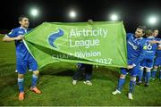 6 October 2012; Limerick FC players Cian Collins, left, and Denis Behan celebrate after winning the Airtricity League First Division title. Airtricity League First Division, Longford Town v Limerick, Strokestown Road, Co. Longford. Picture credit: David Maher / SPORTSFILE
