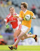 7 October 2012; Kirsty McGuinness, Antrim, in action against Aine McGee, Louth. TG4 All-Ireland Ladies Football Junior Championship Final, Antrim v Louth, Croke Park, Dublin. Picture credit: Stephen McCarthy / SPORTSFILE