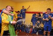 6 October 2012; Barry Ryan, left, Limerick FC, celebrates with his team-mate's at the end of the game in their team dressing room, after winning the Airtricity League First Division title. Airtricity League First Division, Longford Town v Limerick, Flancare Park, Co. Longford. Picture credit: David Maher / SPORTSFILE