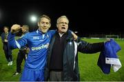 6 October 2012; Joe Gamble, left, Limerick FC, celebrates with Limerick FC chairman Pat O’Sullivan at the end of the game. Airtricity League First Division, Longford Town v Limerick FC, Flancare Park, Co. Longford. Picture credit: David Maher / SPORTSFILE
