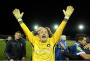 6 October 2012; Barry Ryan, Limerick FC goalkeeper, celebrates at the end of the game. Airtricity League First Division, Longford Town v Limerick FC, Flancare Park, Co. Longford. Picture credit: David Maher / SPORTSFILE