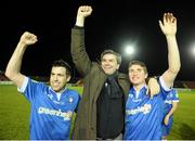 6 October 2012; Pat Scully, Limerick FC manager, celebrates at the end of the game with Stephen Bradley, left, and Cian Collins. Airtricity League First Division, Longford Town v Limerick FC, Flancare Park, Co. Longford. Picture credit: David Maher / SPORTSFILE