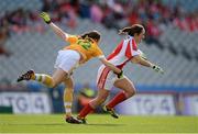 7 October 2012; Aine McGee, Louth, in action against Clare Timoney, Antrim. TG4 All-Ireland Ladies Football Junior Championship Final, Antrim v Louth, Croke Park, Dublin. Picture credit: Stephen McCarthy / SPORTSFILE