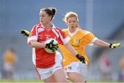 7 October 2012; Michelle McMahon, Louth, in action against Caitlin McHugh, Antrim. TG4 All-Ireland Ladies Football Junior Championship Final, Antrim v Louth, Croke Park, Dublin. Picture credit: Stephen McCarthy / SPORTSFILE
